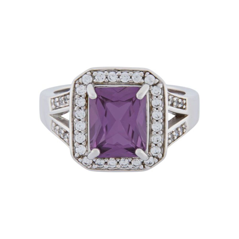 Emerald Cut Created Alexandrite Halo Platinum Plated Cocktail Ring, Size 8